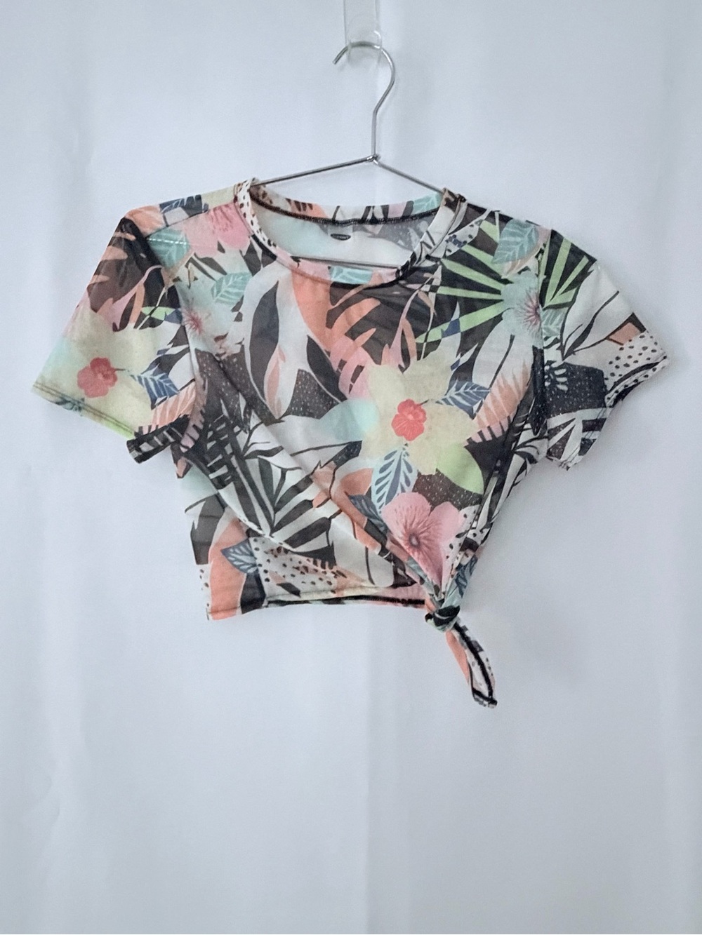 Tropical Print Mesh Tie-Front Swim Crop Top Coverup